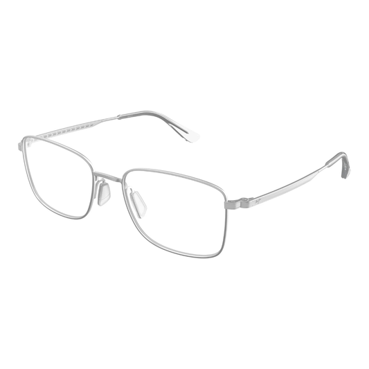 A pair of slim, rectangular metal eyeglass frames in a silver finish, shown from a three-quarters angle against a plain white background.
