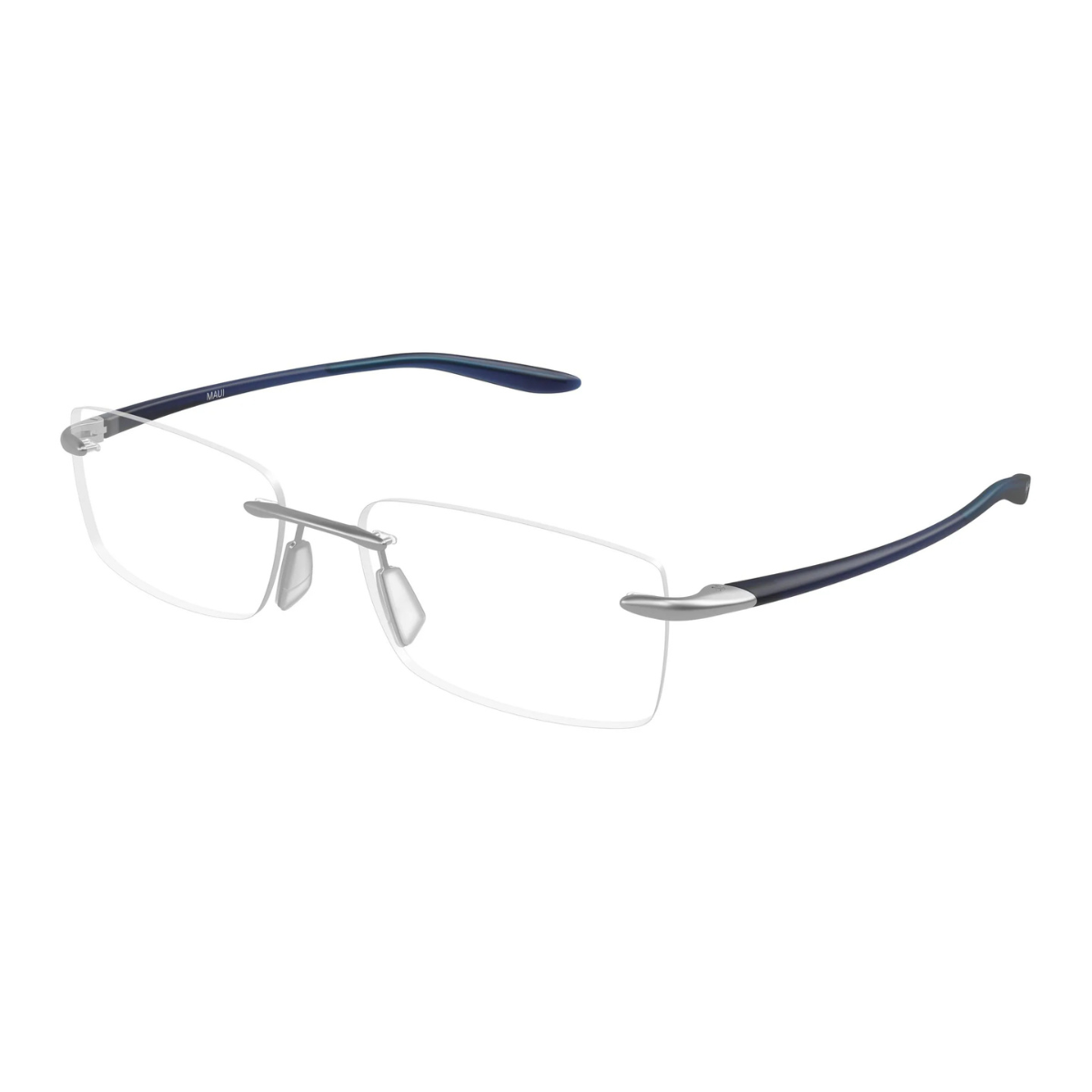 Rimless eyeglasses with clear lenses, a silver metal bridge and nose pads, and dark navy blue temples with silver accents, shown on a plain white background.