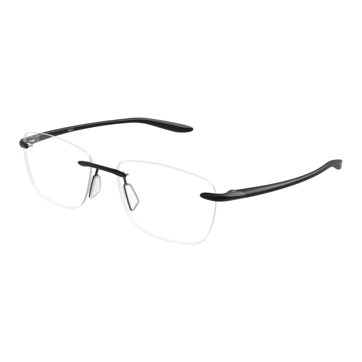 Black rimless eyeglasses with clear lenses, displayed at an angle on a solid white background.