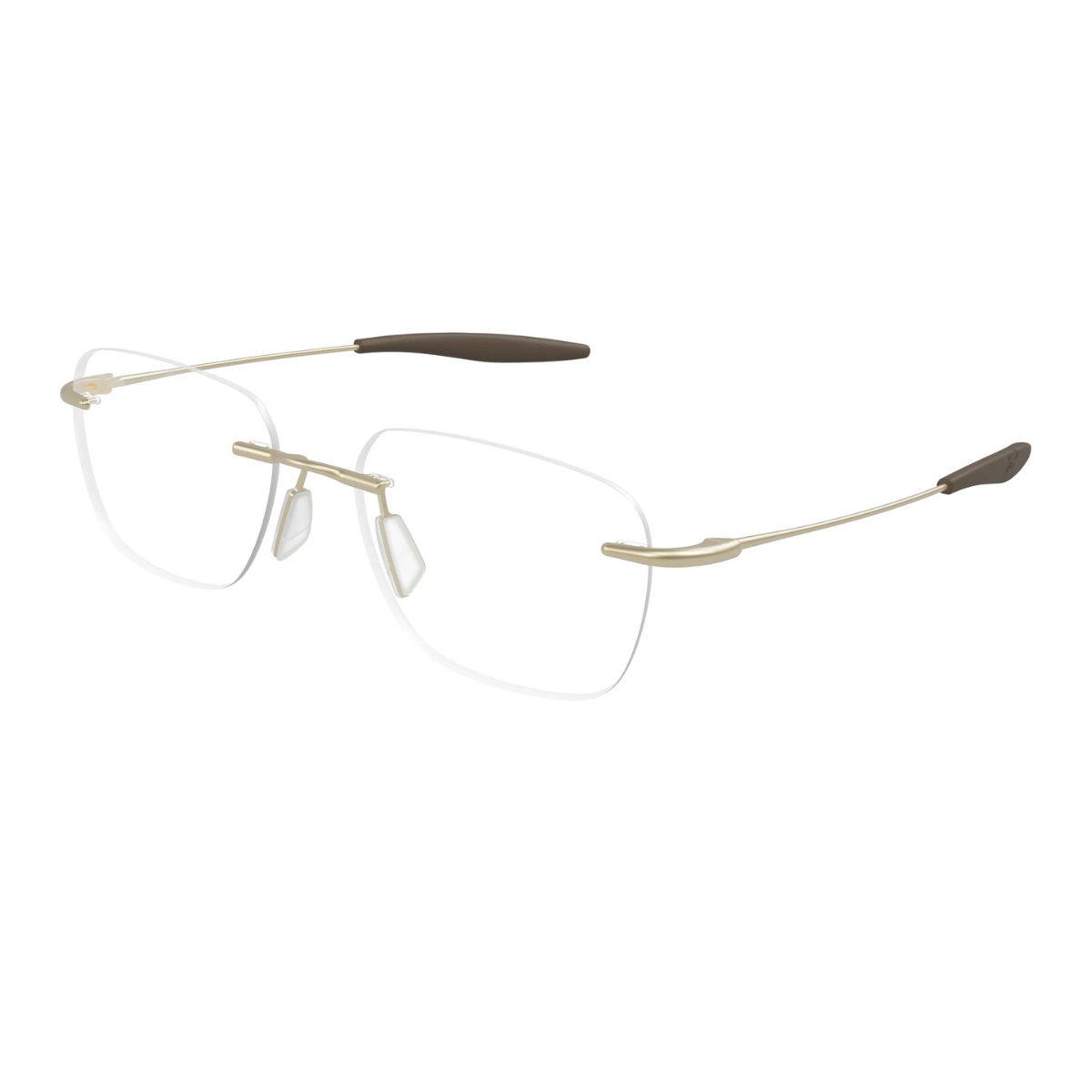Rimless eyeglasses with a slim gold-tone metal frame, clear lenses, and dark brown temple tips, shown on a plain white background.