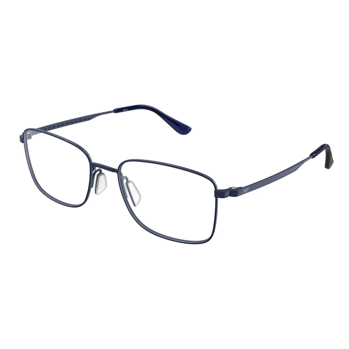 A pair of men's metal eyeglass frames with a dark navy blue finish, featuring a rectangular shape with slightly softened lower corners. The temples are also dark blue, and the clear nose pads are visible.