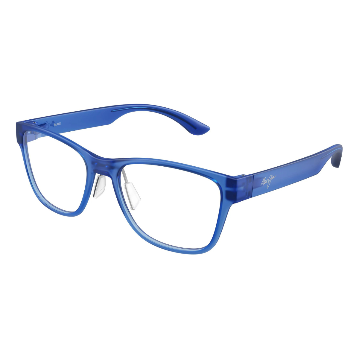 Blue translucent acetate eyeglass frames with clear lenses, shown from a three-quarters angle on a white background.