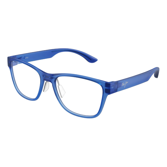 Blue translucent acetate eyeglass frames with clear lenses, shown from a three-quarters angle on a white background.