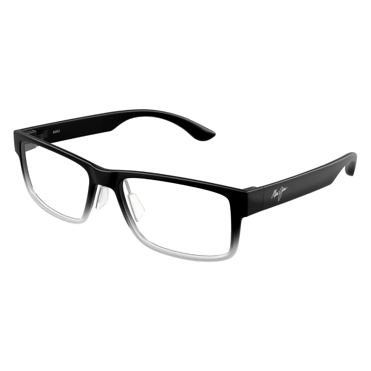 Black rectangular eyeglasses with a glossy finish and clear lenses, shown at a three-quarter angle on a white background.